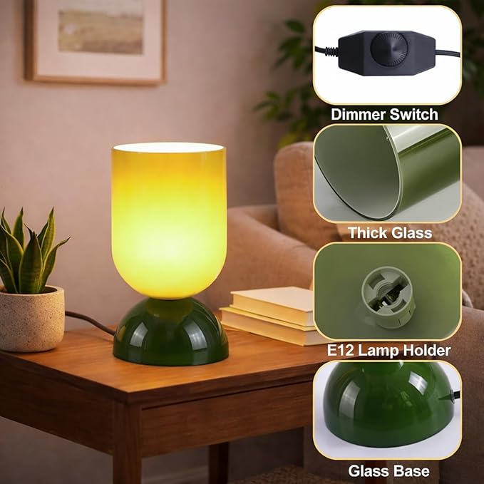8.9" Modern Glass Table Lamp for Living Room, Dimmable Desk Lamps for Bedroom, UL Listed Nightstand Lamp with Dome Base, End Table Lamps for Side Tables, College Dorm, Office, Glossy Green