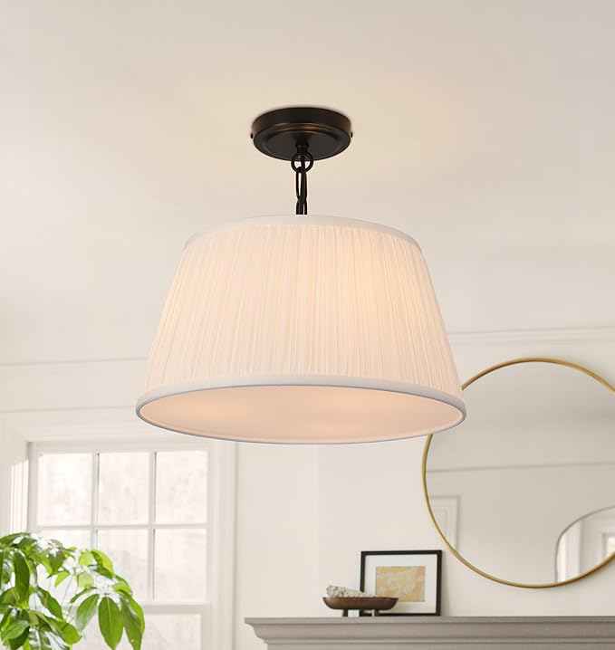 Electro bp; 15”Dia White Pleated Drum Shade Close to Ceiling Light Fixture Modern Classic Brocade Fabric Cone Shape Semi-Flush Mount,Matte Black Painted,3 Sockets,E26,180W,Large;