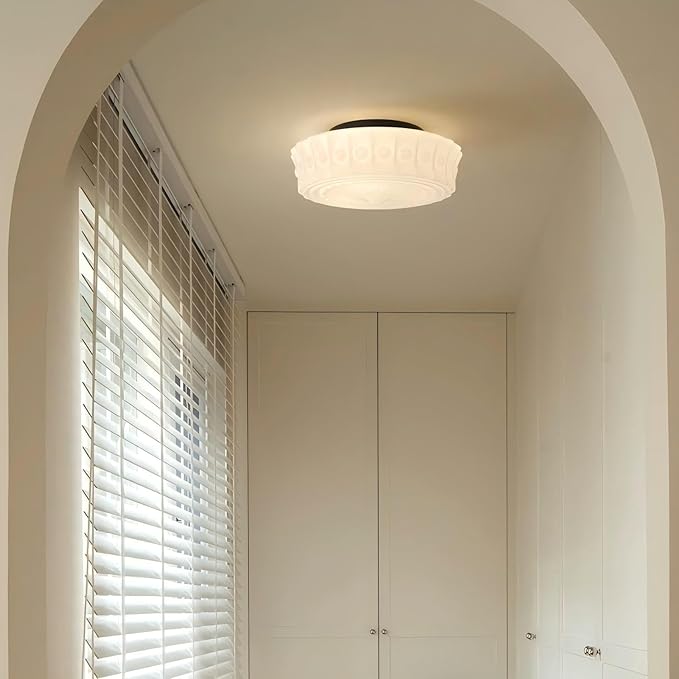 LIGHTLAND Milk Glass Ceiling Light, 13.8 Inch Mid Century Semi Flush Mount Ceiling Light Fixture, Vintage Chandelier for Bedroom, Living Room, Dining Room, Hallway (Style B, Cream)