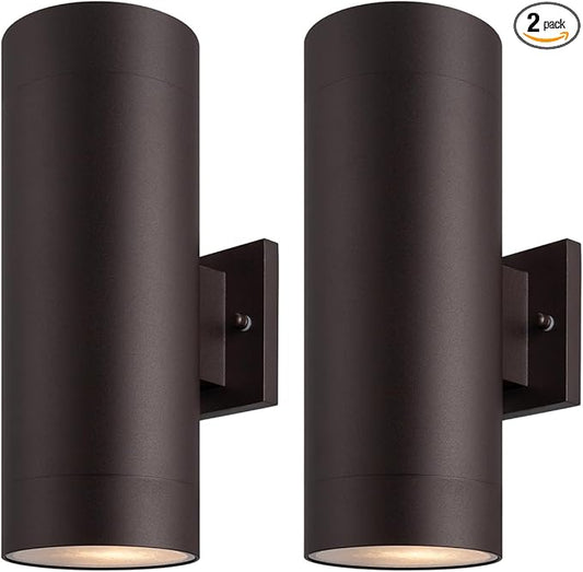 mirrea 14" Modern Outdoor Porch Light Patio Light in 2 Lights with Aluminum Cylinder and Tempered Glass Cover Waterproof Wall Sconce 2 Pack (Oil Rubbed Bronze)