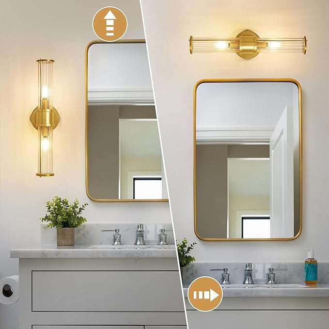 Brushed Gold Wall Sconces Set of 2, Modern Bathroom Vanity Light Fixture with Clear Glass Shades, Hardwired Brass Wall Mounted Lamp for Over Mirror, Hallway, Bedroom (E12 Bulbs Not Included)