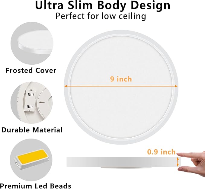 LED Ceiling Light Fixture Flush Mount, 9inch Modern LED Ceiling Light, 18W 5000K, Low Profile Slim Flat Surface Mount Ceiling Lights for Bedroom Kitchen Hallway Laundry Stairwell Basement Closet White