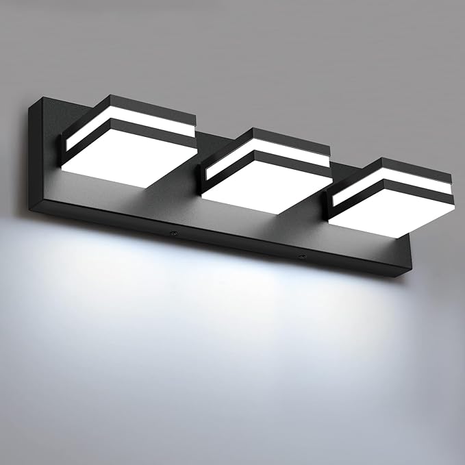 IZORRO LED Modern Bathroom Lights Fixtures(3-Light,Dimmable,360°Rotate),Matte Black Acrylic Wall Lighting,Vanity Lights for Bathroom Over Mirror - 6000k 16In （No Assembly Required）