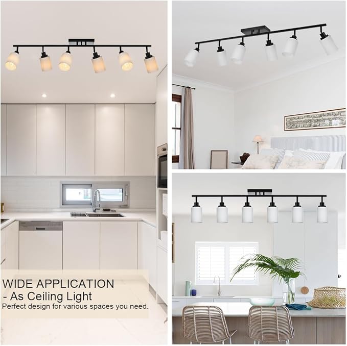 TODOLUZ 6-Lights Track Lighting Fixtures, Black Modern Bathroom Light Fixtures Ceiling with Rotatable Track Head & Opal White Glass, Wall Mounted Track Light for Kitchen