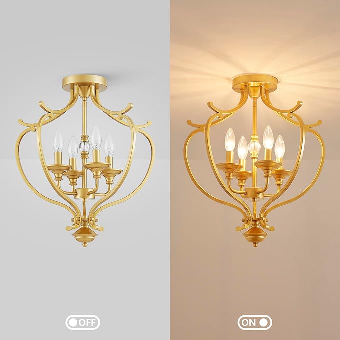 Modern 4-Light Vintage Antique Candle Ceiling Light, Light Fixture for Dining Room, Living Room, Bedroom, Gold Frame, Farmhouse Style, Maria Theresa Design, E12 Socket, D18*H20 inch