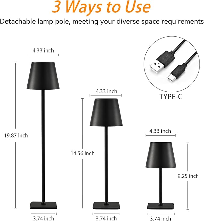 2 Pack Cordless Table Lamps Rechargeable, Battery Operated Touch Dimmable LED Lamp with 3 Color Temperatures, Adjustable Height Wireless Table Lamp for Restaurant, Bar, Bedroom
