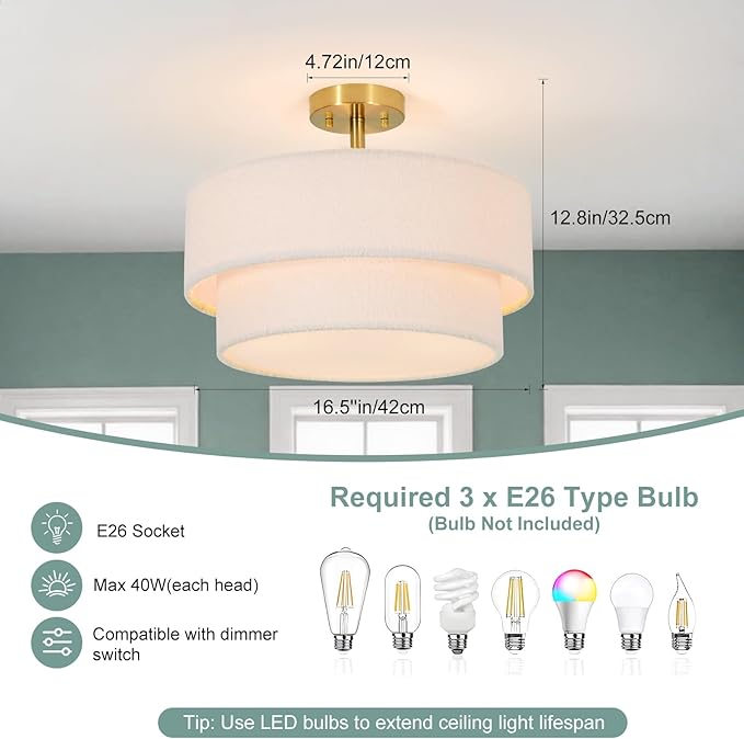 16.5'' Semi Flush Mount Ceiling Light, 3-Light Gold Ceiling Light Fixture with 2-Layer White Plush Shade, Farmhouse Drum Close to Ceiling Light for Living Room, Hallway, Bedroom, Kitchen, Dining Room