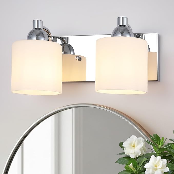 Mecgirn Stainless Steel Milk Glass Vanity Lights for Bathroom, 2 Light Polished Chrome Bathroom Light Fixtures Over Mirror, Ceramic E26 Sockets Wall Mounted