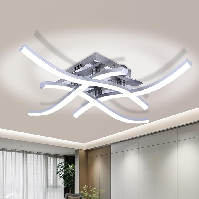 27.5 Inch Modern LED Ceiling Light Fixture, 24W Curved Wave Ceiling Lamp for Bedroom, Kitchen, Hallway, Foyer Library Dining Room Silver Modern Ceiling Light Fixture