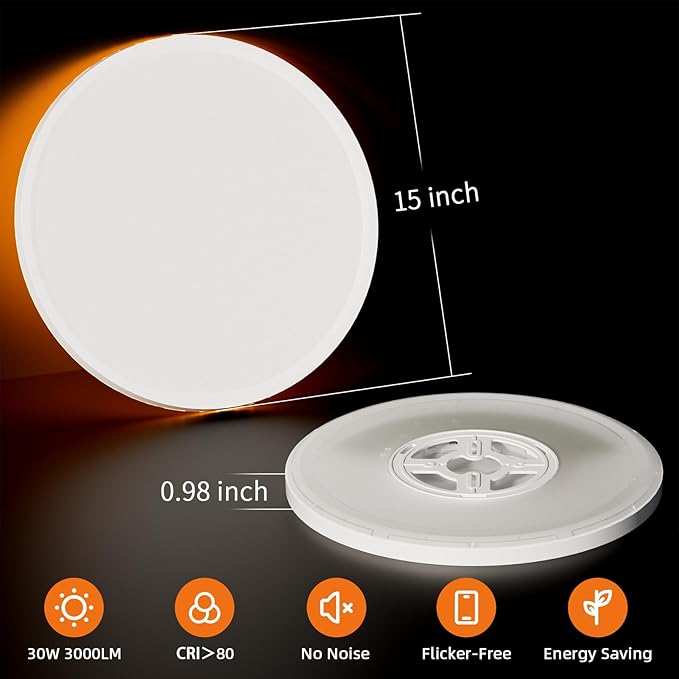15 Inch LED Flush Mount Ceiling Light Fixture with Night Light, 30W 3000LM, 5CCT (2700K- 6500K) & Dimmable, White Round Ceiling Light for Bedroom, Kitchen