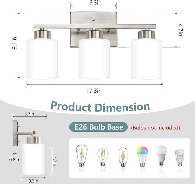 Brushed Nickel Bathroom Light Fixtures, 3-Light Modern Vanity Lights with Milky White Frosted Glass Shades, Wall Sconces for Mirror, Bathroom, Restroom (E26 Socket)