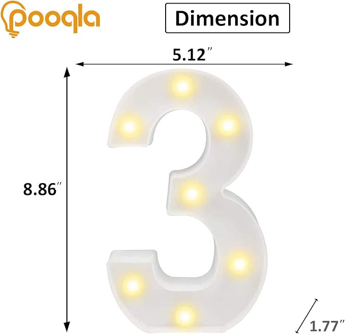 Pooqla Decorative LED Light Up Number Letters, White Plastic Marquee Lights Sign Party Wedding Decor, Battery Operated (3)
