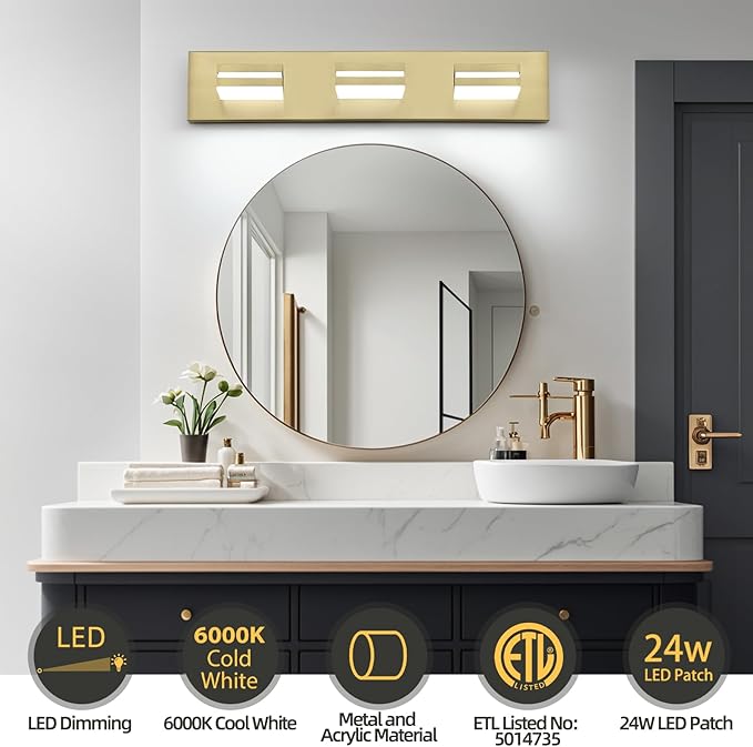 OKELI 3 Light Bathroom Vanity Light Gold Modern 24W LED Dimmable Vanity Light Over Mirror 350° Adjustable Lamp Head Cold White 6000K ETL Listed 22Inch