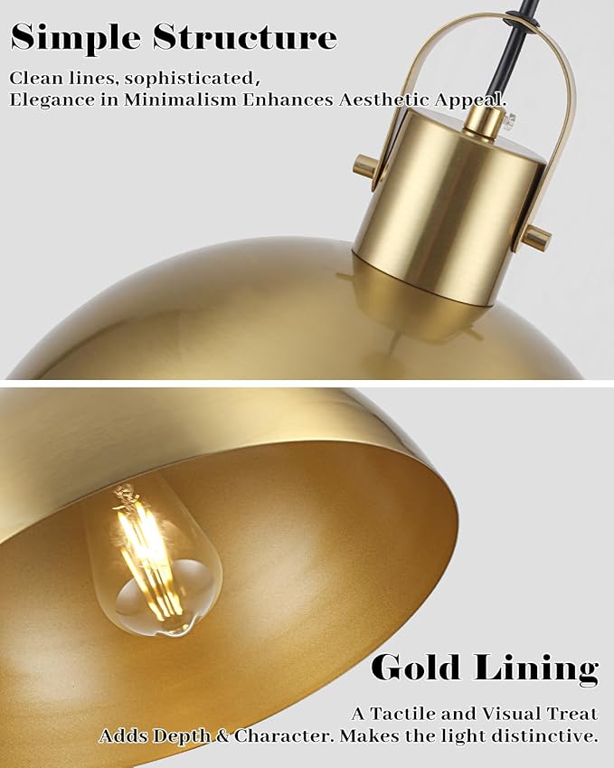 Gold Pendant Light 2 Pack, 11.8 Inch Pendant Lights Kitchen Island, Dome Pendant Lights, Farmhouse Pendant Light for Kitchen Island, Dining Room, Living Room