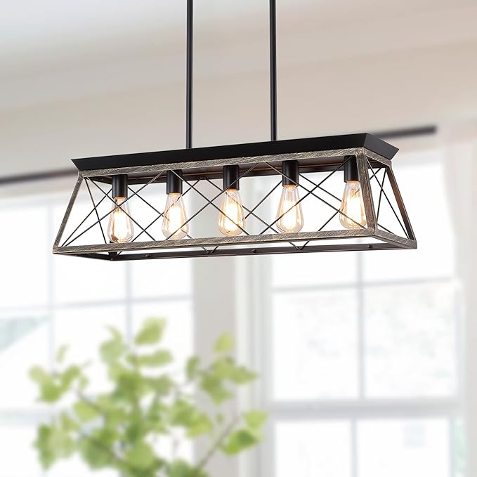 5-Light Pendant Lights Fixture, Farmhouse Chandeliers for Dining Room, Rustic Island Lights for Kitchen, Rectangular Chandelier Rustic Farmhouse Light Fxiture Gold&Black