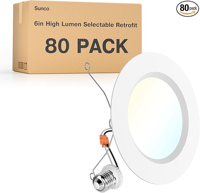 Sunco 80 Pack 6 Inch LED Recessed Light Retrofit, Can Lights for Ceiling, 1700 LM High Brightness, Selectable CCT 2700K/3000K/4000K/5000K/6000K, 17W=120W, Dimmable, Baffle Trim, Damp Rated UL