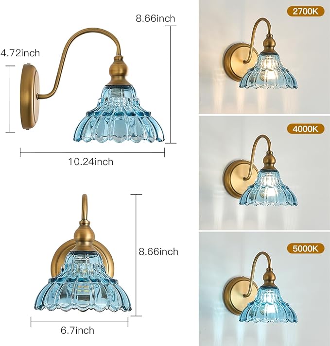Vintage Blue Glass Lampshade Bedroom Wall Sconces 1-Light Hardwired Wall Mount Bathroom Wall Sconce Light Fixtures for Hallway Kitchen Dress Room