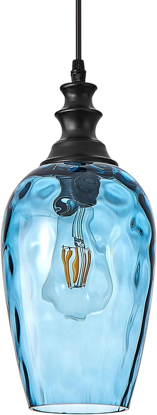 Glass Pendant Lights Kitchen Island, Modern Farmhouse Blue Hanging Indoor Kitchen Island Pendant Lighting, Adjustable Cable, Hand Blown Glass Shade & E26 Base for Bathroom, Hallway, 2 Pack