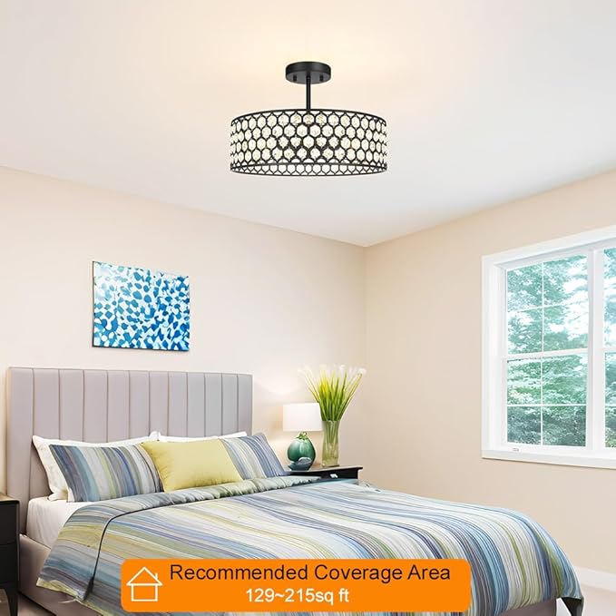 Black Crystal Ceiling Light Fixture - Modern Semi Flush Mount Ceiling Chandelier Lighting for Kitchen, Dazzling Prism Chandelier for Bedroom, Bathroom, Dining Room, 5 Light, 16 in