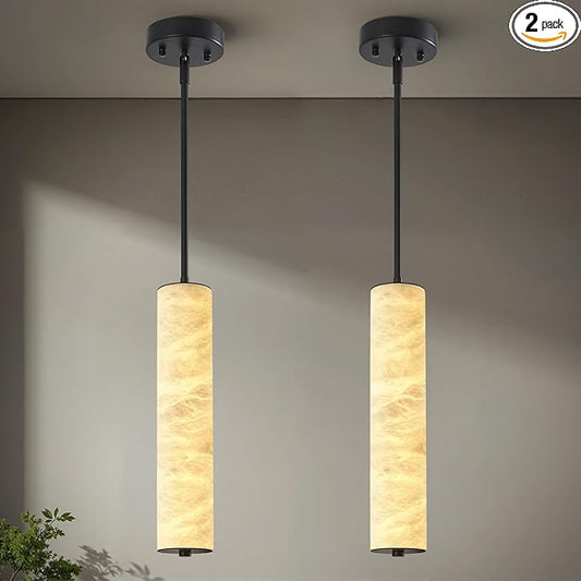 LMQNINE Natural Alabaster Pendant Lights White Marble 15" Long Tube Adjustable Boom Chandelier Modern 3000K Black Ceiling Light for Kitchen Island Bedroom Dining Room Living Room Hallway(S-2Pack)