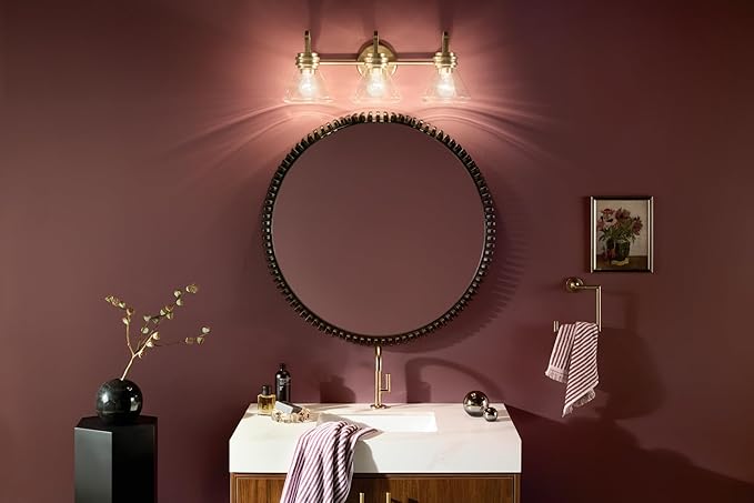 Kichler Farum 26" 3-Light Bathroom Vanity Light Fixture with Clear Glass in Champagne Bronze for Over Mirror, Modern Wall Mount Lighting (26" W x 9.5" H), 55155CPZCLR