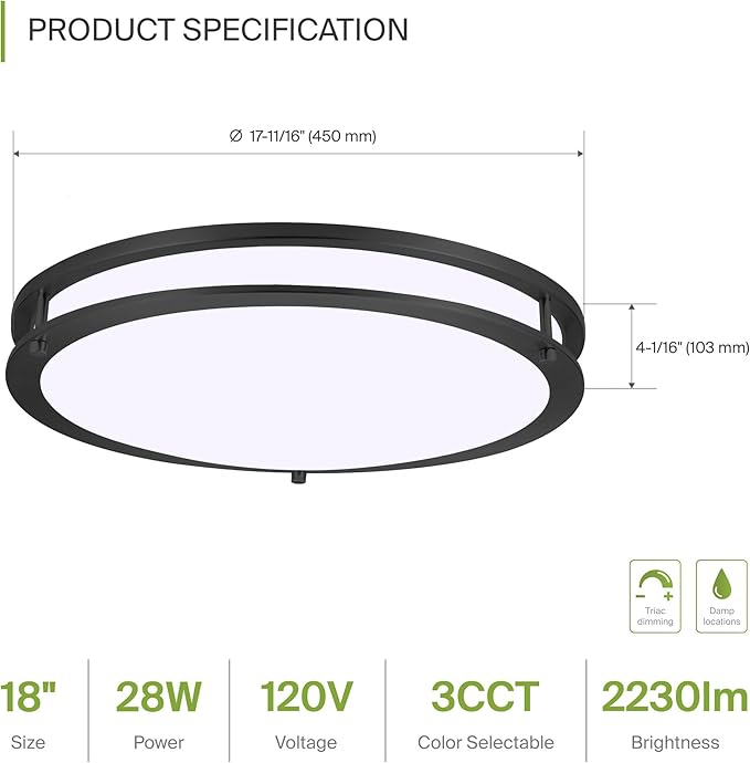 ASD LED 18" Round Flush Mount Lighting, Close to Ceiling Light Fixture | 3CCT, Dimmable, Energy Star, ETL Listed | 28W 2230LM 3000-5000K 120V | Low Profile Double Ring Lamp | Dark Bronze, 2 Pack
