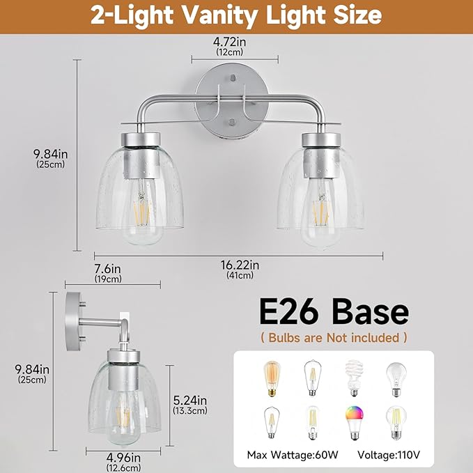16 Inch Vanity Lights, 2-Light Silver Vintage Industrial Bathroom Light Fixtures with Bell Bubble Glass Shade, Wall Sconce for Bathroom Mirror, Bedroom, Hallway (2 Pack)