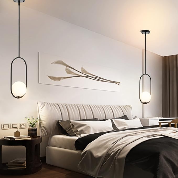 BYOLIIMA Modern Globe Pendant Light Mid Century Chandelier 1-Light Matte Black Ceiling Hanging Lighting Fixture with White Globe Glass Shade for Kitchen Island Dining Room Bedroom