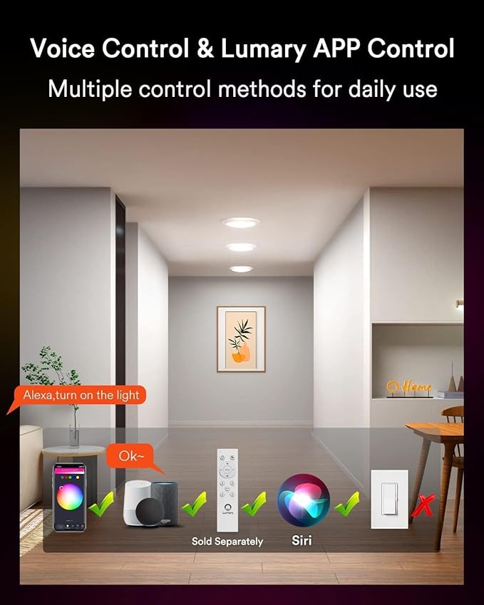 Lumary Smart Flush Mount Ceiling Lights 5/6 Inch, RGBWW WiFi LED Disk Light, Color Changing 2700-6500K Dimmable Recessed Lighting, Surface Mount, Compatible with Alexa/Google Assistant