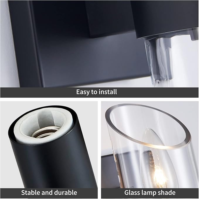 WUZUPS Set of 2 1-Light Bathroom Wall Light Fixture Over Mirror Class Shade Morden Vanity Scones for Bathroom Bedroom Living Room, E12 Base, Black