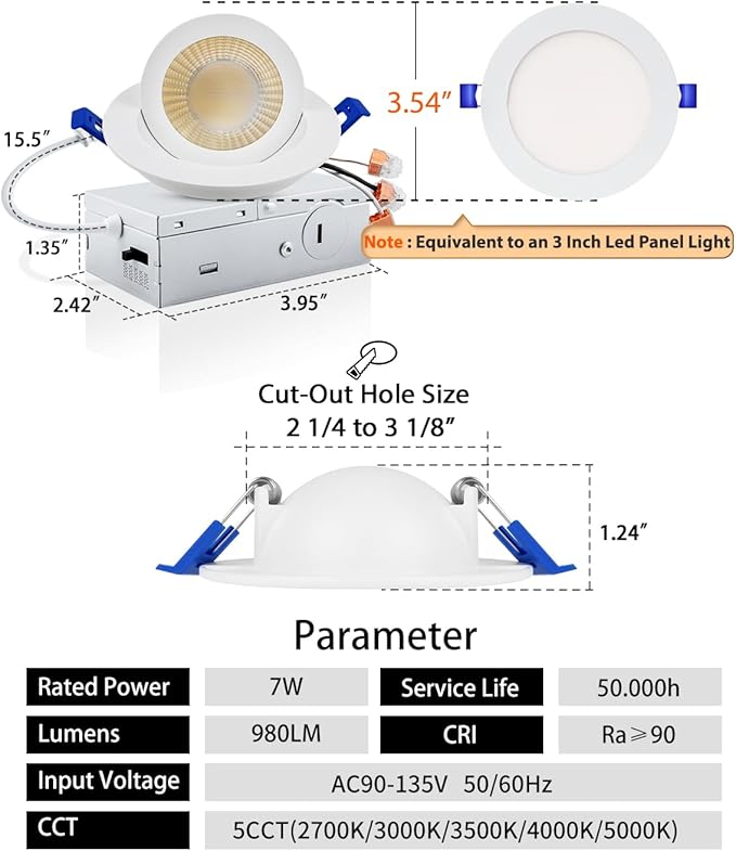 Adetu 3 Inch Gimbal Led Recessed Lighting, 360°+90° Adjustable Directional Recessed Lights, 2700K/3000K/3500K/4000K/5000K Dimmable Eyeball Canless Downlight with Jbox, ETL (White,24 Pack)