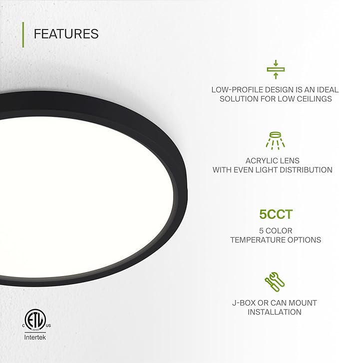 ASD LED 9" Round Flush Mount Ceiling Light Fixture, Low Profile Surface Lighting | 5CCT, Dimmable, Ultra-Thin, ETL Listed | 18W 1660LM 2700-6000K 120V | Kitchen, Bedroom, Hallway Lamp | Black, 6 Pack