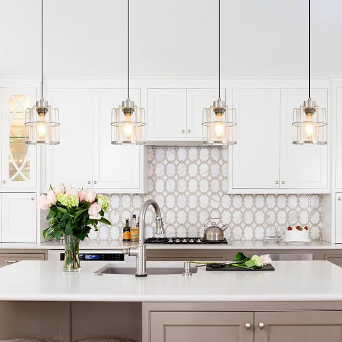 Brushed Nickel Pendant Lights Set of 2, Pendant Lights Kitchen Island with Clear Glass Shade, Modern Farmhouse Pendant Light Fixtures Hanging Light with Adjustable Cord over Sink Decor, E26