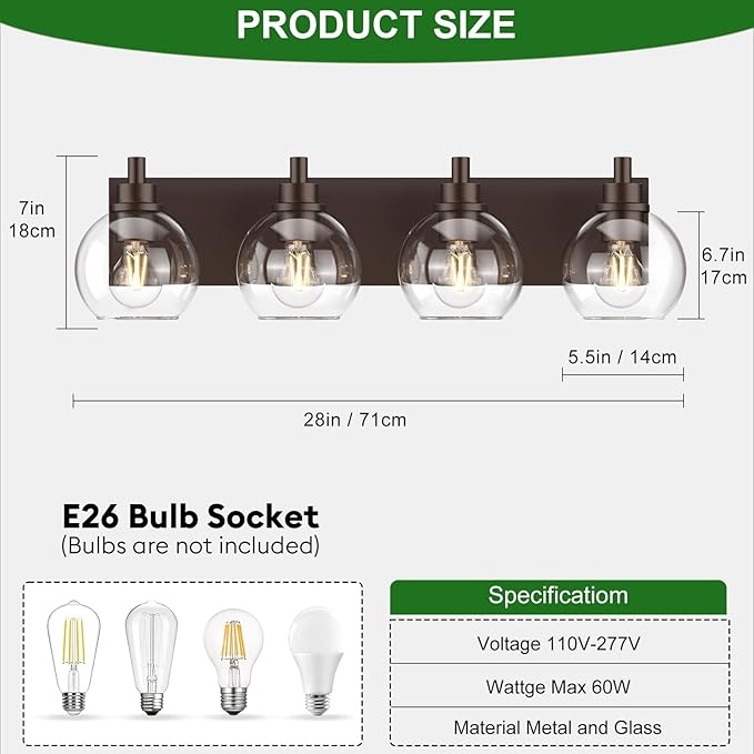 IZORRO Bathroom Light Fixtures, 4 Light Oil Rubbed Bronze Vanity Light, Modern Wall Sconces with Globe Clear Glass Shade, Vanity Lighting Fixtures Over Mirror,E26 Bulb Socket