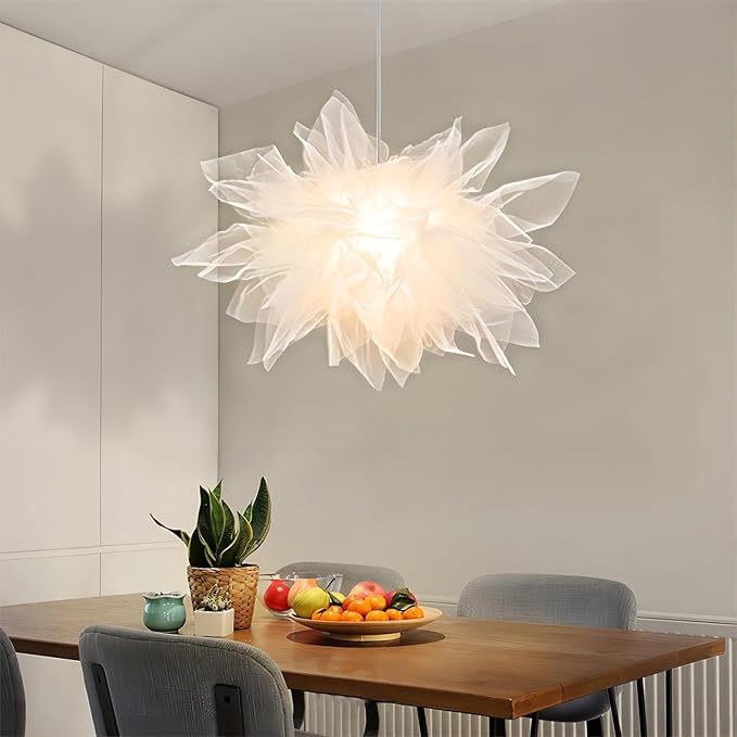 17.7 Inch Stacked Tulle Pendant Light, Modern Style Fabric Hanging Light, Pendant Lamp for DiningRoom, Living Room, Bedroom, Study, Hallway - White