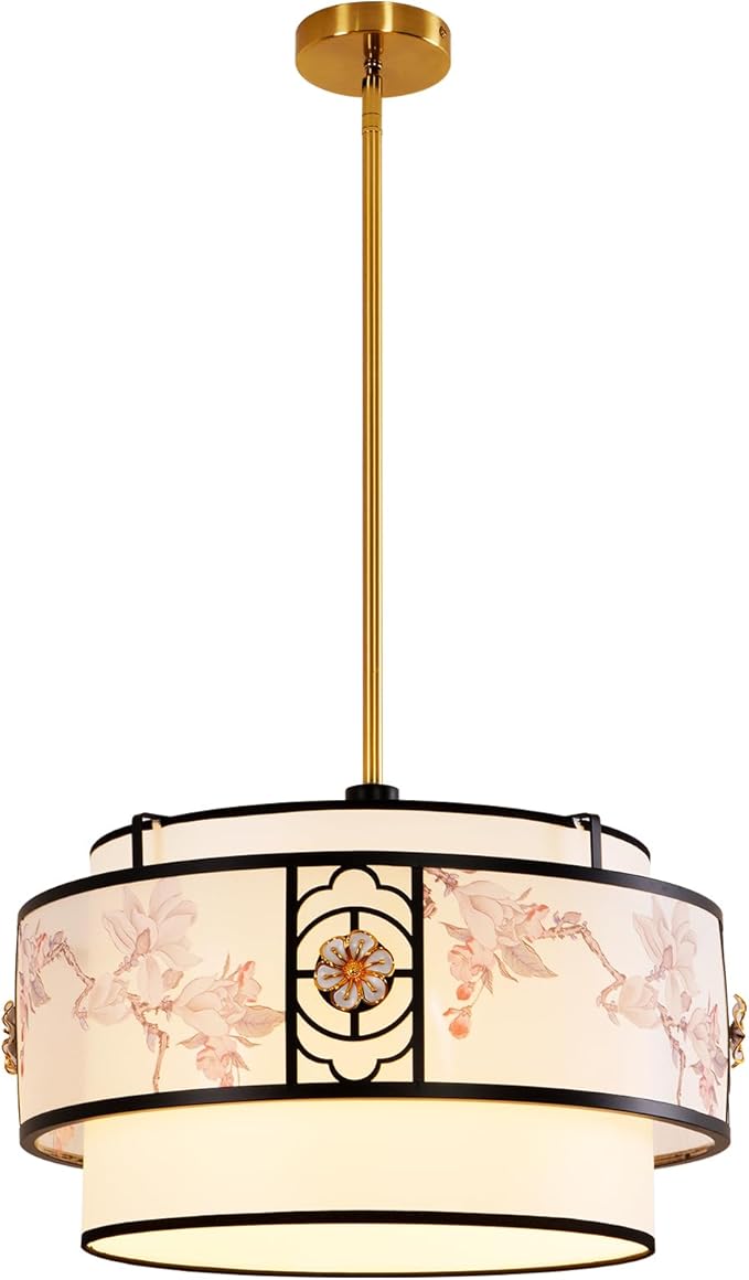 A 19.6-inch black and white drum-shaped Bohemian-style chandelier, featuring a simple fabric surface treatment, is suitable for bedrooms, study rooms, dining rooms, living rooms, and kitchen islands.