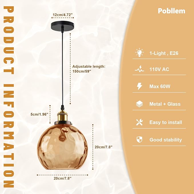 Amber Pendant Light Fixture, 7.8" Hammered Glass Globe Pendant Light with Brass Gold Cap, Adjustable Height 1-Light Vintage Hanging Light for Kitchen Island Dining Room Bedroom