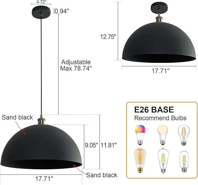 Vintage Black Pendant Light 17.72'' Retro Farmhouse Large Dome Pendant Lamp Modern Industrial Chandelier for Wire length 78.74 '' for Kitchen Island, Bedroom, Dining Room, Living Room, Hallway