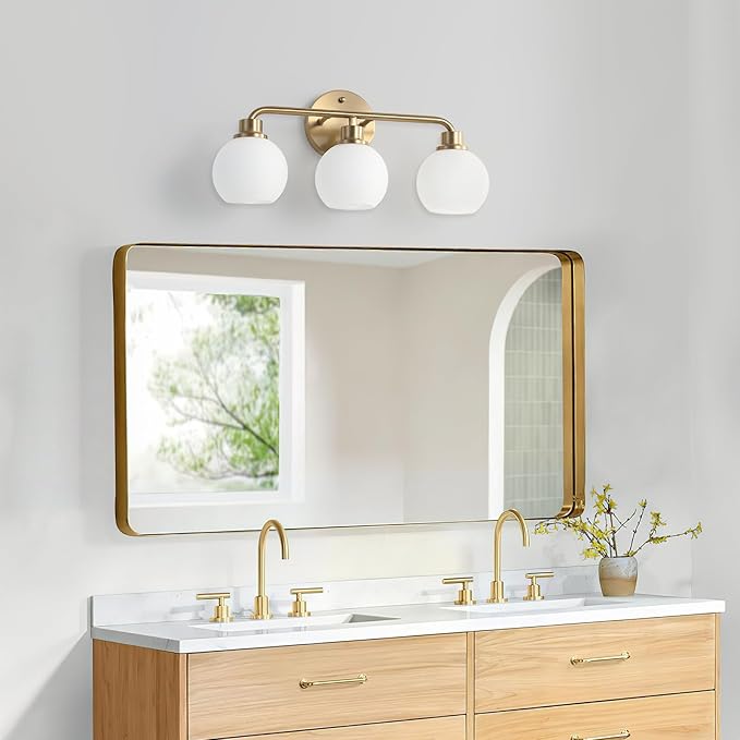 Bathroom Light Fixtures Gold Vanity Light 3 Light Wall Sconces Lighting Brushed Brass Lights with Milk Globe Glass Shades Bath Wall Lamp for Mirror Kitchen Living Room Bedroom Hallway