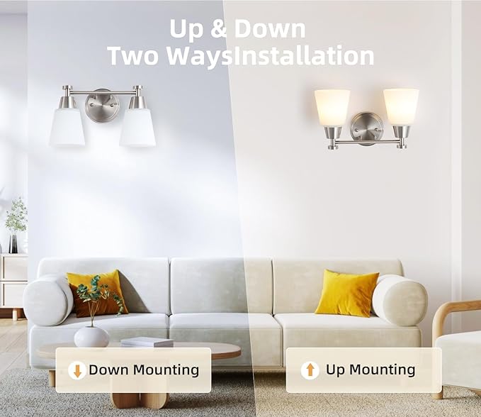 2-Light Bathroom Vanity Light, Brushed Nickel Finish with Milk Glass Shades, Over Mirror, for Bathroom Vanity