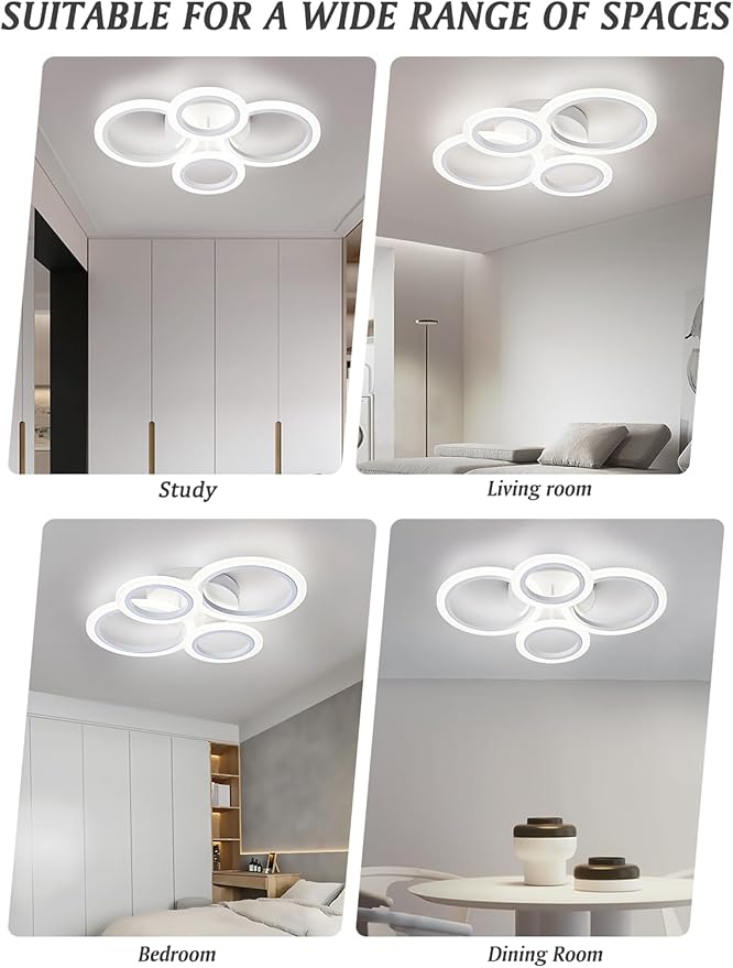 Vikaey Modern LED Flush Mount Ceiling Light, 4 Rings White Close to Ceiling Light Fixtures, Kitchen Lighting Fixture Ceiling Lamp for Bedroom, Living Room, Laundry Room, 4000K Not Dimmable