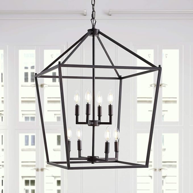 JONATHAN Y 20" Oil Rubbed Bronze Lantern Pendant Light, 8-Light Pagoda Style Metal Cage Farmhouse Hanging Ceiling Fixture for Kitchen Island, LED Bulb Included (JYL7438A)