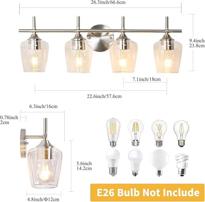 Bathroom Light Fixtures 4-Light Brushed Nickel Bathroom Vanity Light with Clear Glass Shade, Modern Wall Lights for Bedroom Hallway Living Room (Nickel, 4-Light)