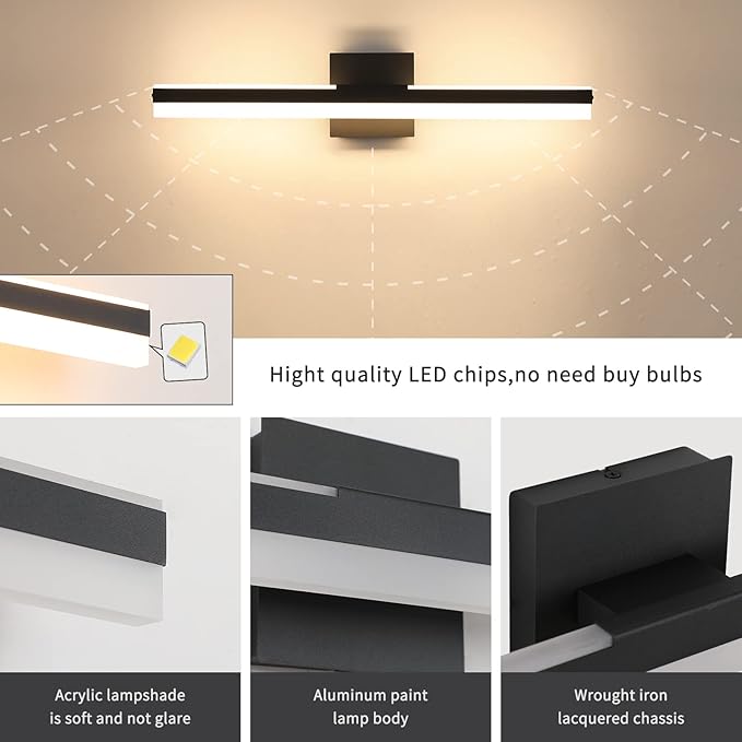 Joossnwell LED Vanity Lights for Bathroom Modern Black Bathroom Light Fixtures Over Mirror Bath Wall Lamp 23.62 inch Long 22W Warm Light 3000K