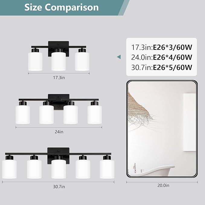 Black Bathroom Light Fixtures, 3-Light Modern Vanity Lights with Milky White Frosted Glass Shades, Wall Sconces for Mirror, Bathroom, Restroom (E26 Socket)