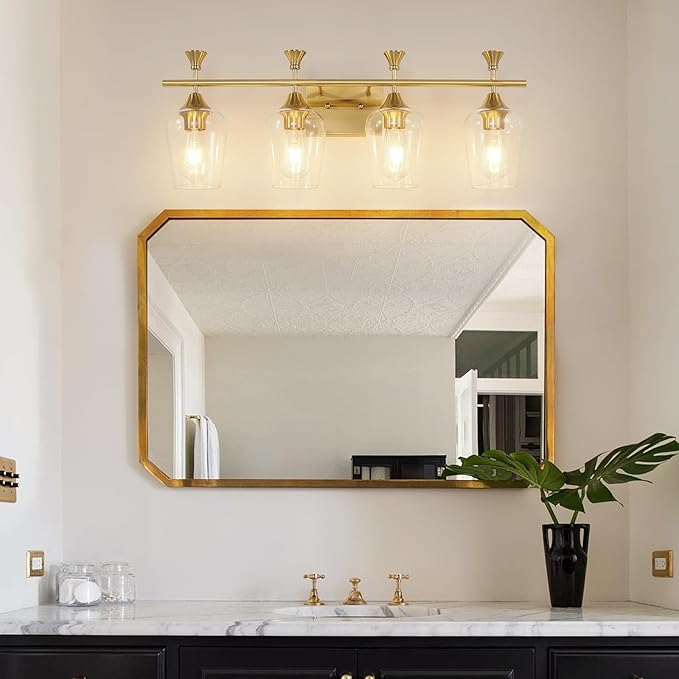 Bathroom Light Fixtures (4-Light, 29 Inch), Brushed Gold Vanity Lights for Bathroom with Clear Wine Glass Glass Shade, Modern Vanity Wall Lights for Mirror Bedroom Living Room Kitchen Hallway Porch