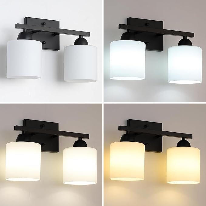 Mecgirn Milk Glass Vanity Lights for Bathroom, 2 Light Matte Black Bathroom Light Fixtures Over Mirror, Ceramic E26 Sockets Wall Mounted