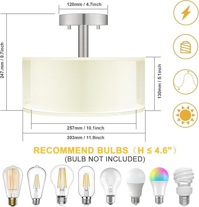 FOLKSMATE Semi Flush Mount Ceiling Light Fixture, Gold 3-Light Drum Light with Double Fabric Shade, Modern Close to Ceiling Lamps for Living Room, Bedroom, Dining Room, Kitchen, Hallway, Entry, Foyer