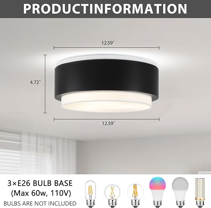 Luupyia 12.59 Inches Drum Ceiling Light with Black Metal and White Fabric Shade, 3Light Simple Modern Drum Semi Flush Mount Ceiling Light with Double Shade, Overhead Light for Bedroom Hallway E26, 60W