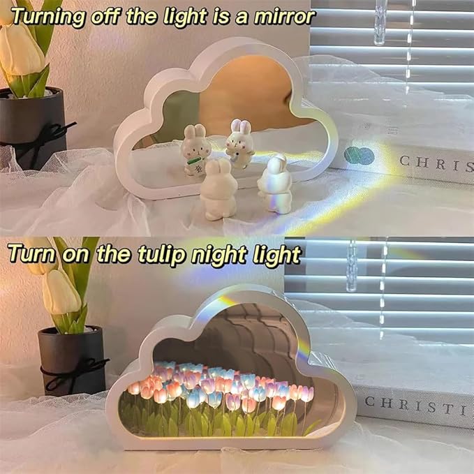 LOGAZOO (20 Flower) Tulip Lamp Night Light with Mirror, Assembled Artificial Flower Lamp Table Light Bedroom Decoration Gift for Women Girlfriend Sisters Desk Table Decor, Cloud Design (Multicolor)